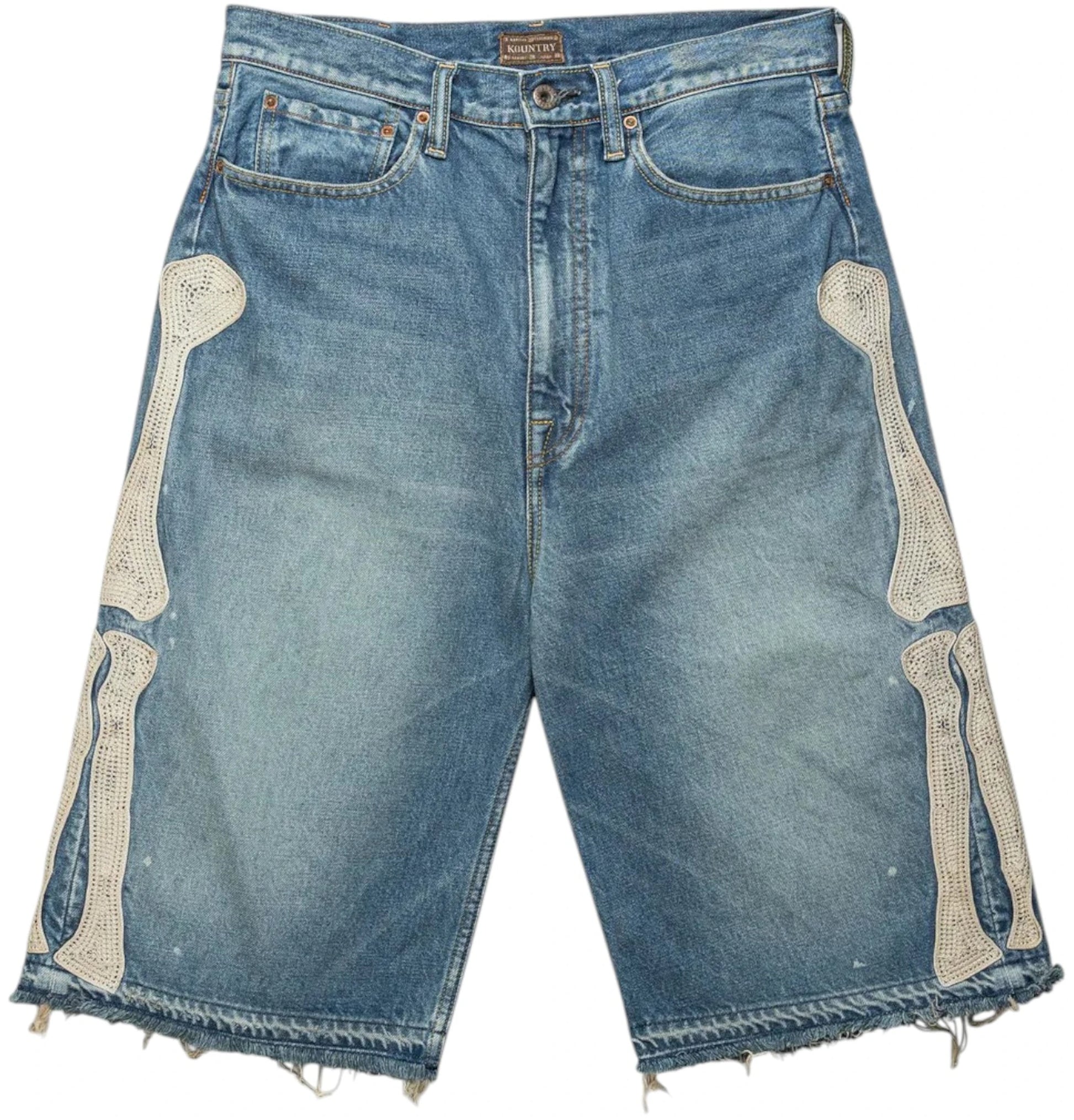 Kapital 14 Oz Denim 5P Bone Embroidery Shorts Light Indigo