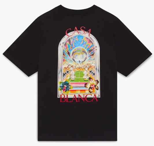 CASABLANCA Black Tennis Landscape Short Sleeve T‑shirt